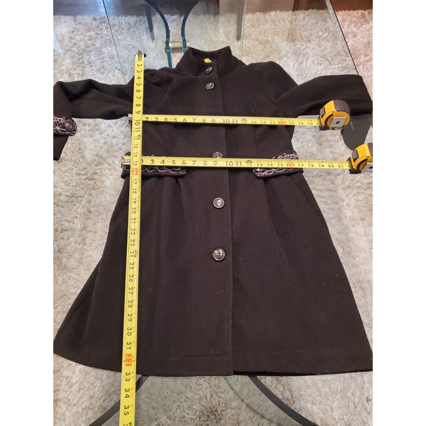 Green Dragon Paisley Embroidered Black Long Sleeve Buttons Front Casual Coat M