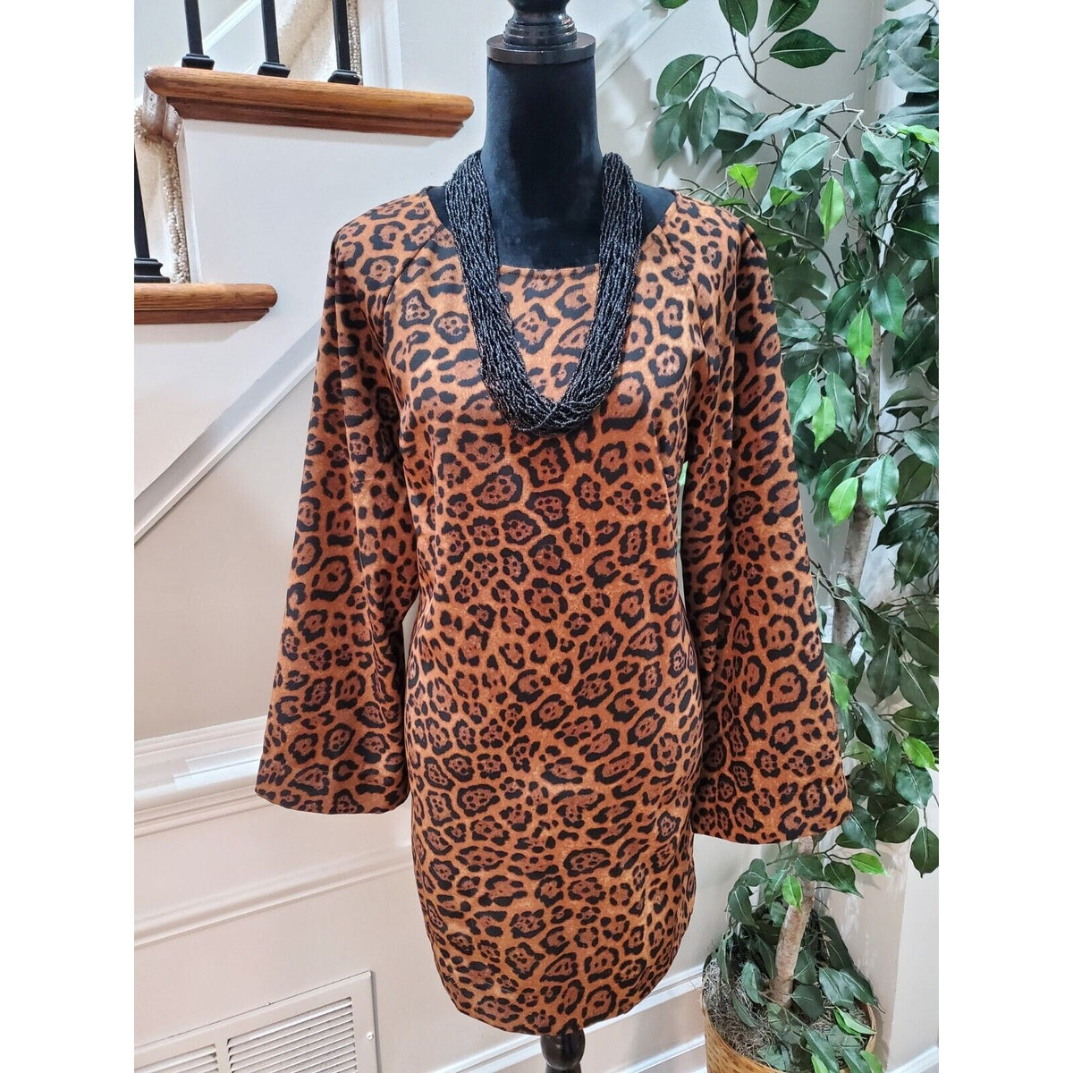 H&M Women's Brown & Black Polyester Round Neck Long Sleeve Knee Length Dress M