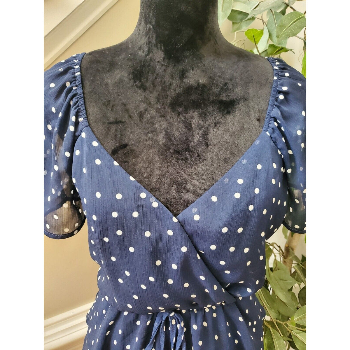Trixxi Womens Small Polka Dot Mini Dress Navy White Flutter Sleeve Nautical L