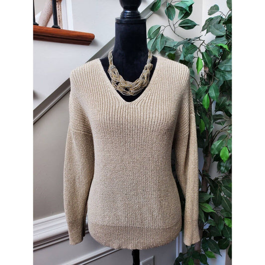 Loft Women's Beige Acrylic V-Neck Long Sleeve Pullover Knit Sweater Size Large