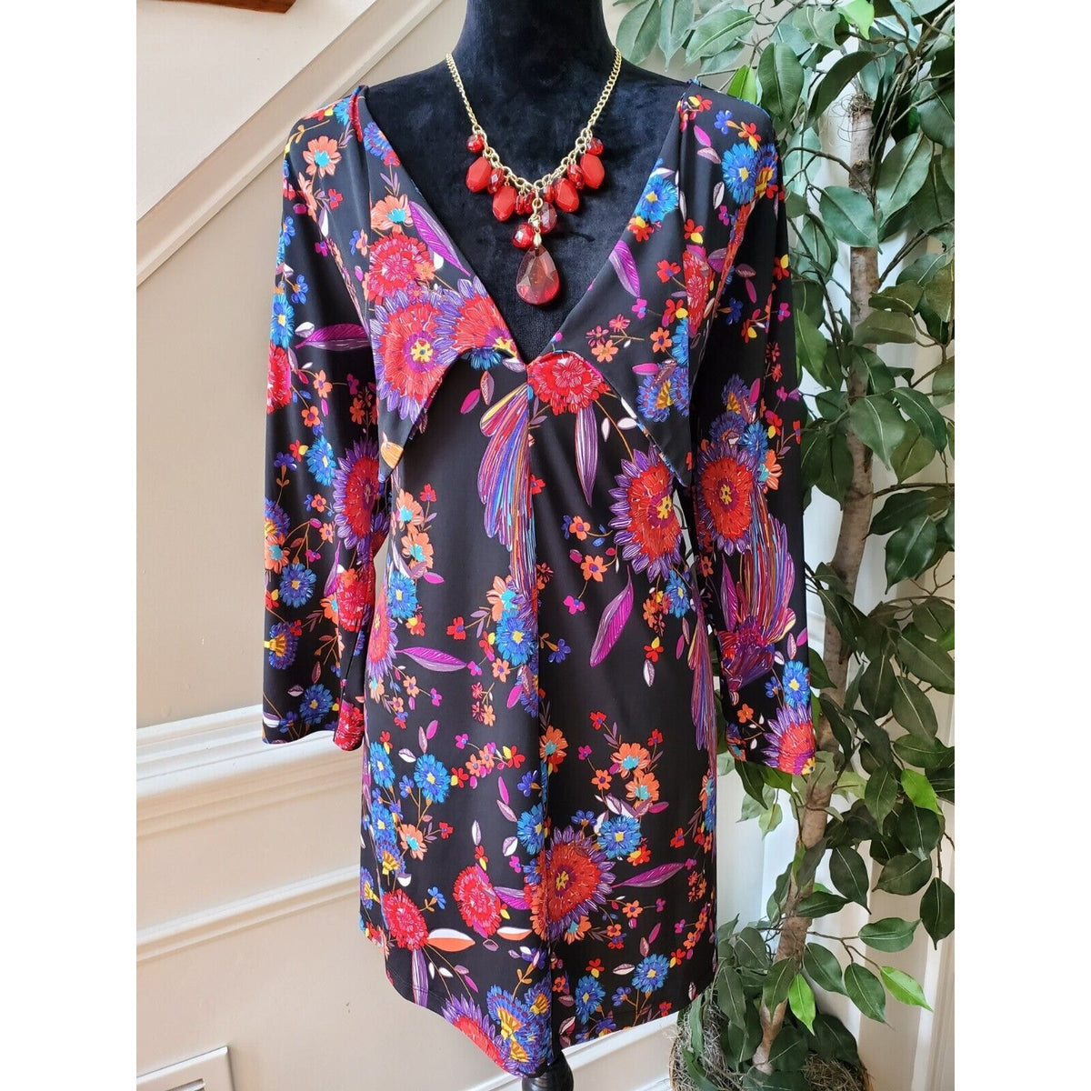 Attitudes Women Black Floral Polyester V-Neck Long Sleeve Top Blouse Size Large