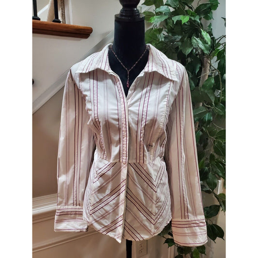 Lane Bryant Women White & Maroon Collared Long Sleeve Button Down Shirt 14/16