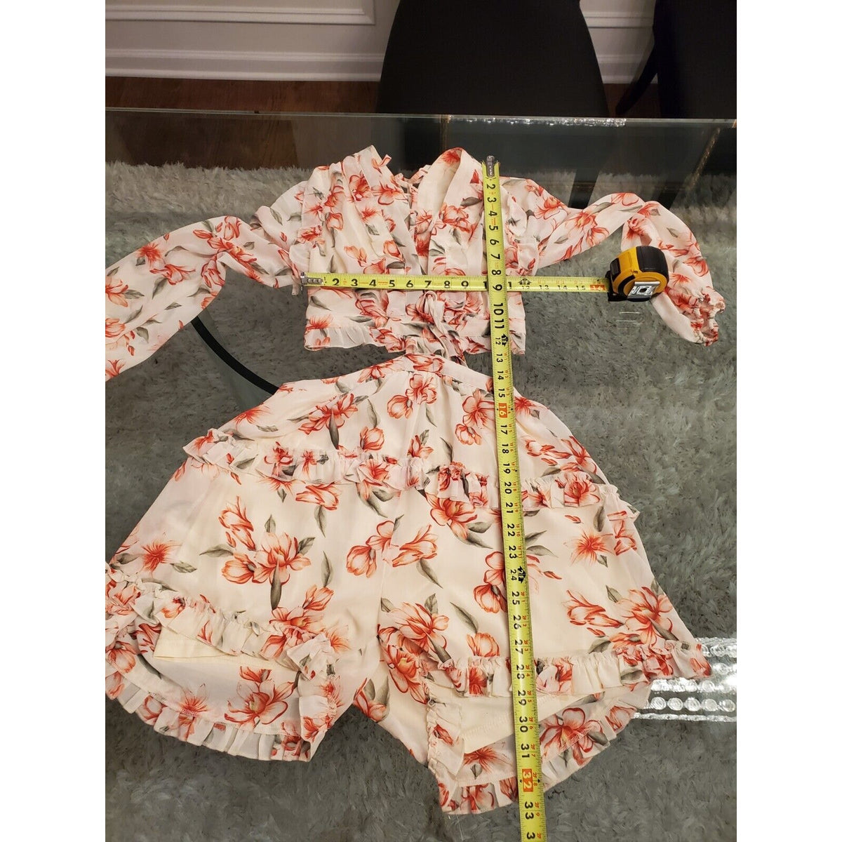 Fashion Nova Womens Cream V Neck Floral Long Sleeve 2 Piece Romper Size Medium