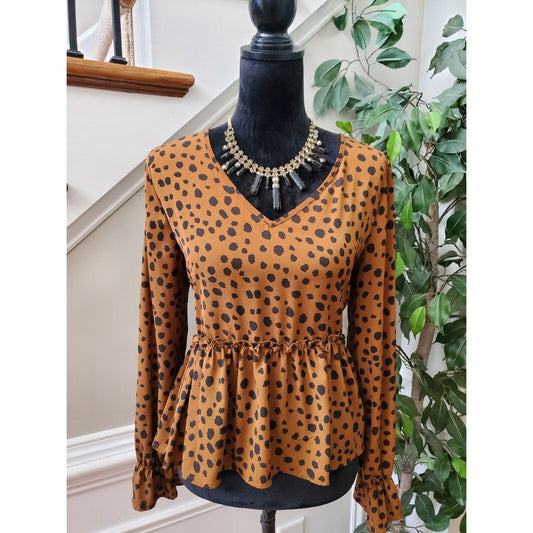 SHEIN Women Brown Leopard Print Polyester V-Neck Long Sleeve Casual Top Blouse 4