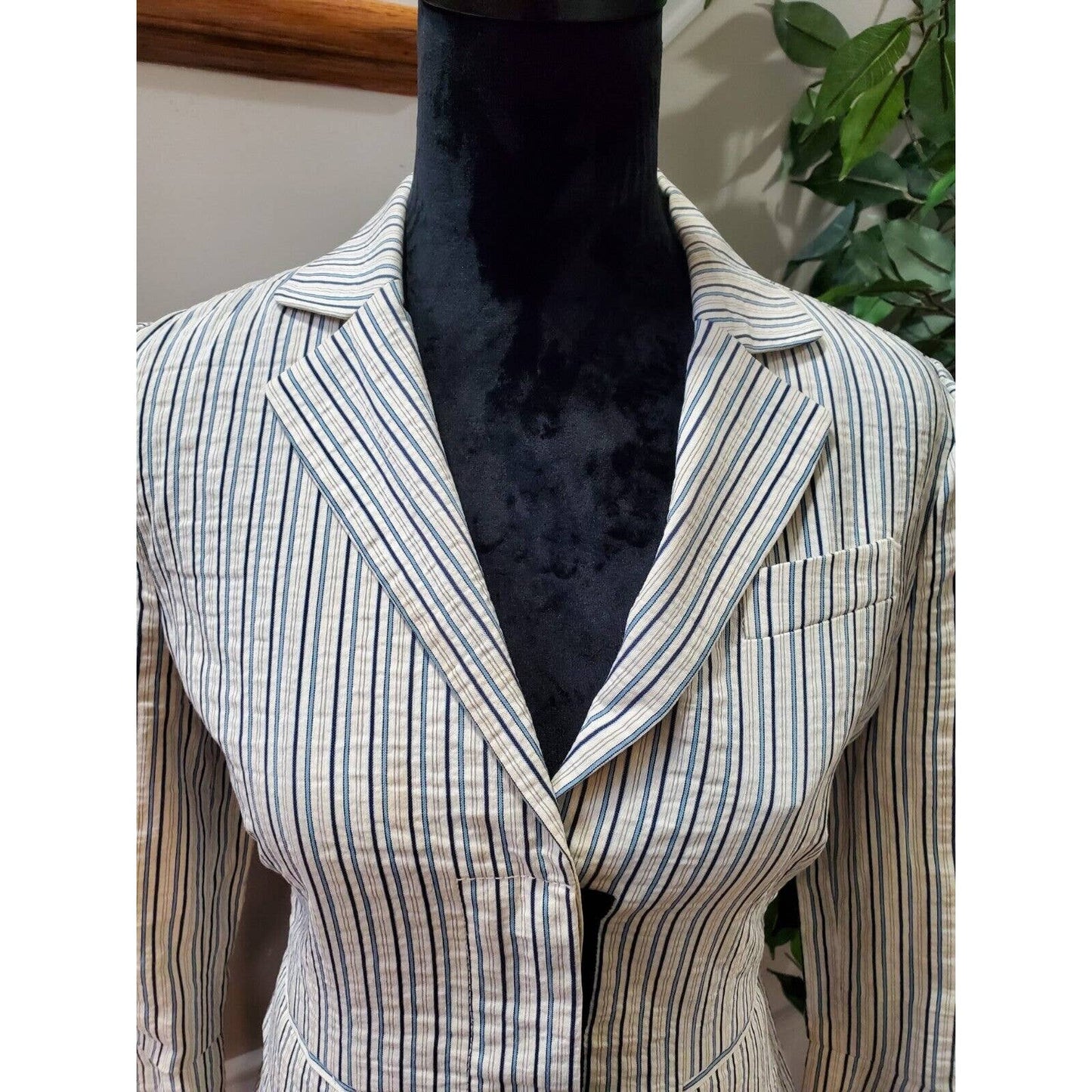 BCBGMaxazria Women's Striped Cotton Long Sleeve Single Breasted Fitted Blazer M