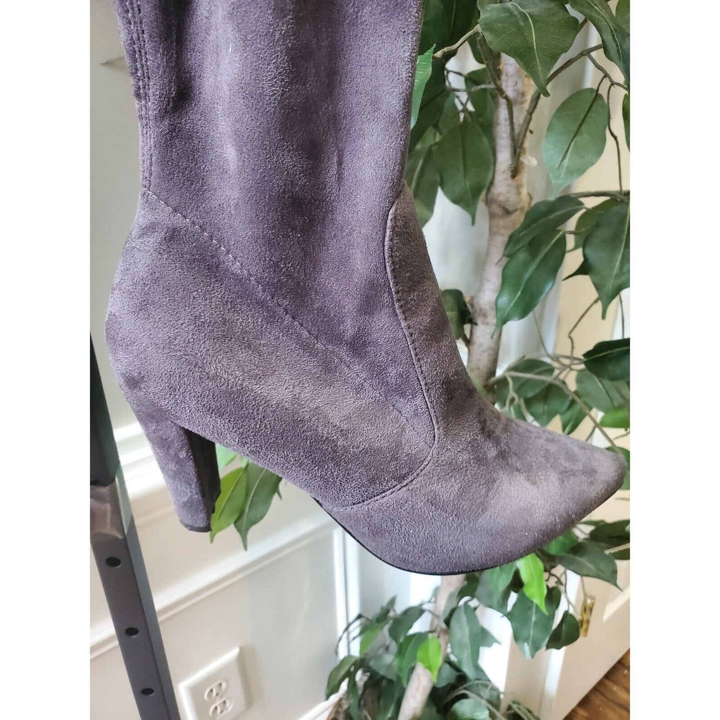Gray Women's Suede Leather Pointed Toe Block Heel Knee High Boots Size 41 (9.5)