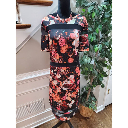 Boutique Women Floral Polyester Round Neck Half Sleeve knee Length Dress Size 2X