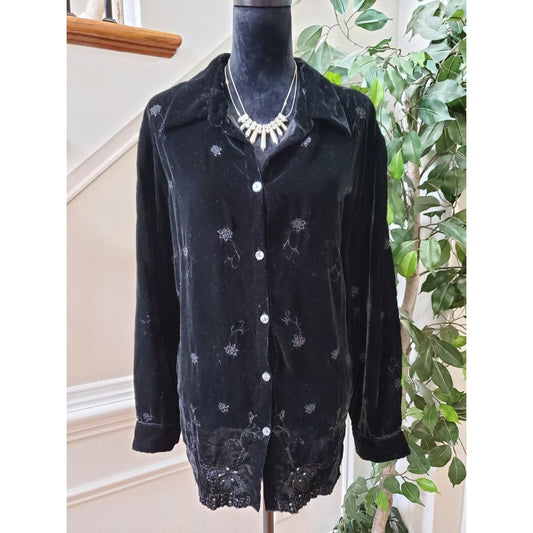 Avenue Women's Black Rayon Collared Neck Long Sleeve Casual Button Down Shirt XL