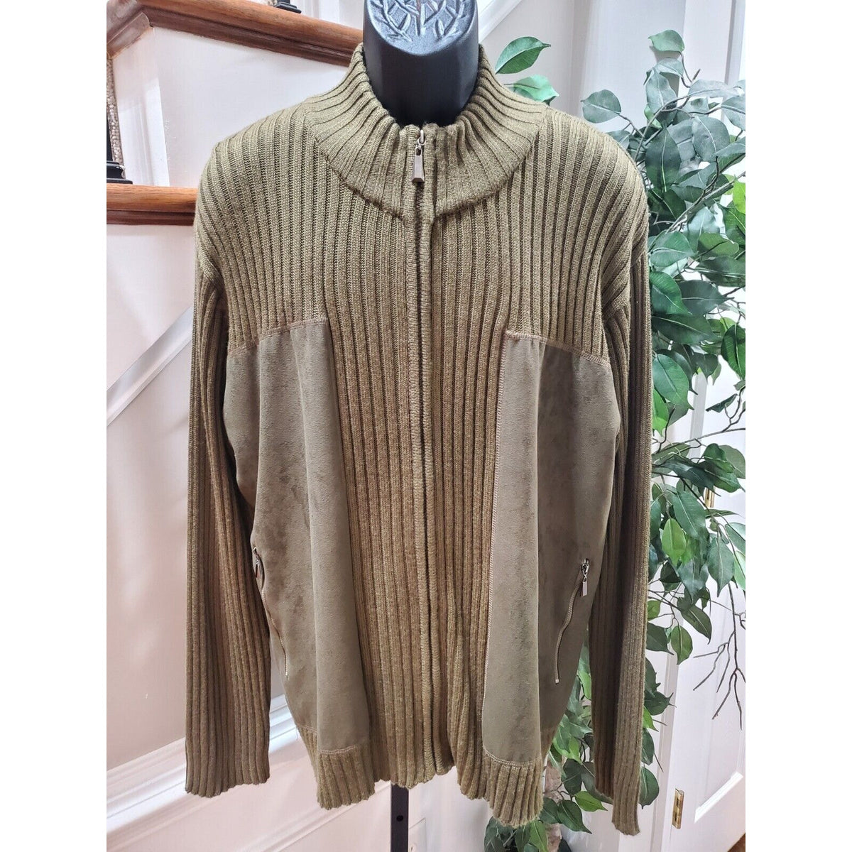 Men's Olive Green 100% Acrylic High Neck Long Sleeve Full Zip Knit Sweater