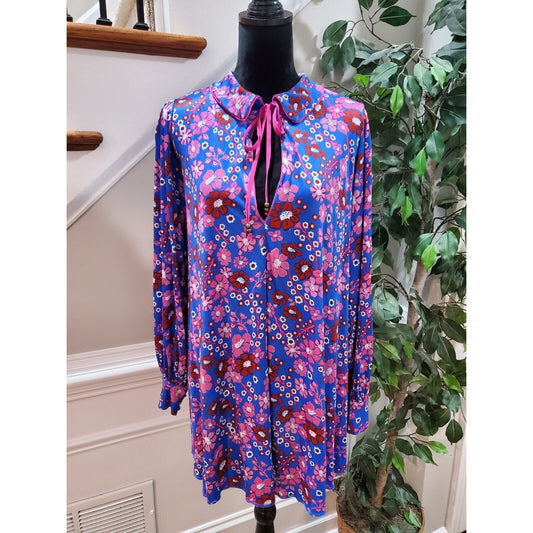 Free People Daisy Jane Mini Dress Botanical Combo Floral Tie Neck Size Small