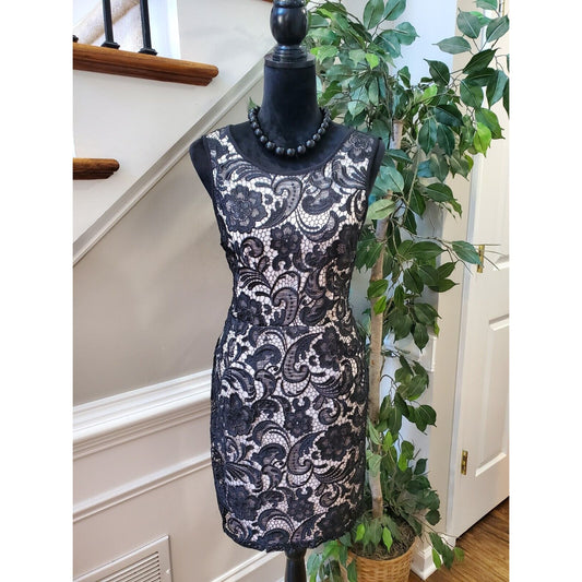 H&M Womens Cream Black Lace Floral Sleeveless Back Zip Knee Length Dress Medium