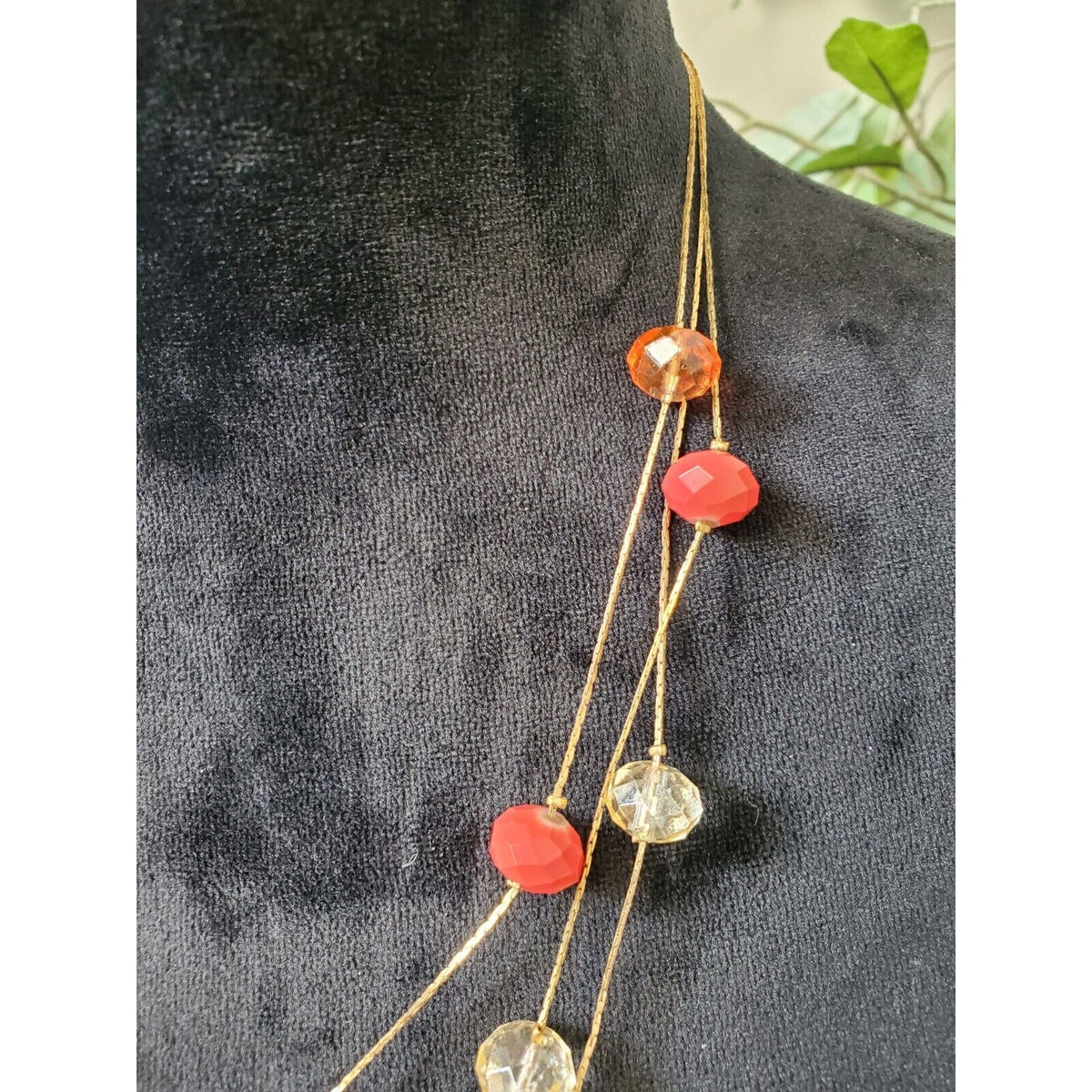 Gold Tone Layered Chains with Rust And Beige Beaded Necklace