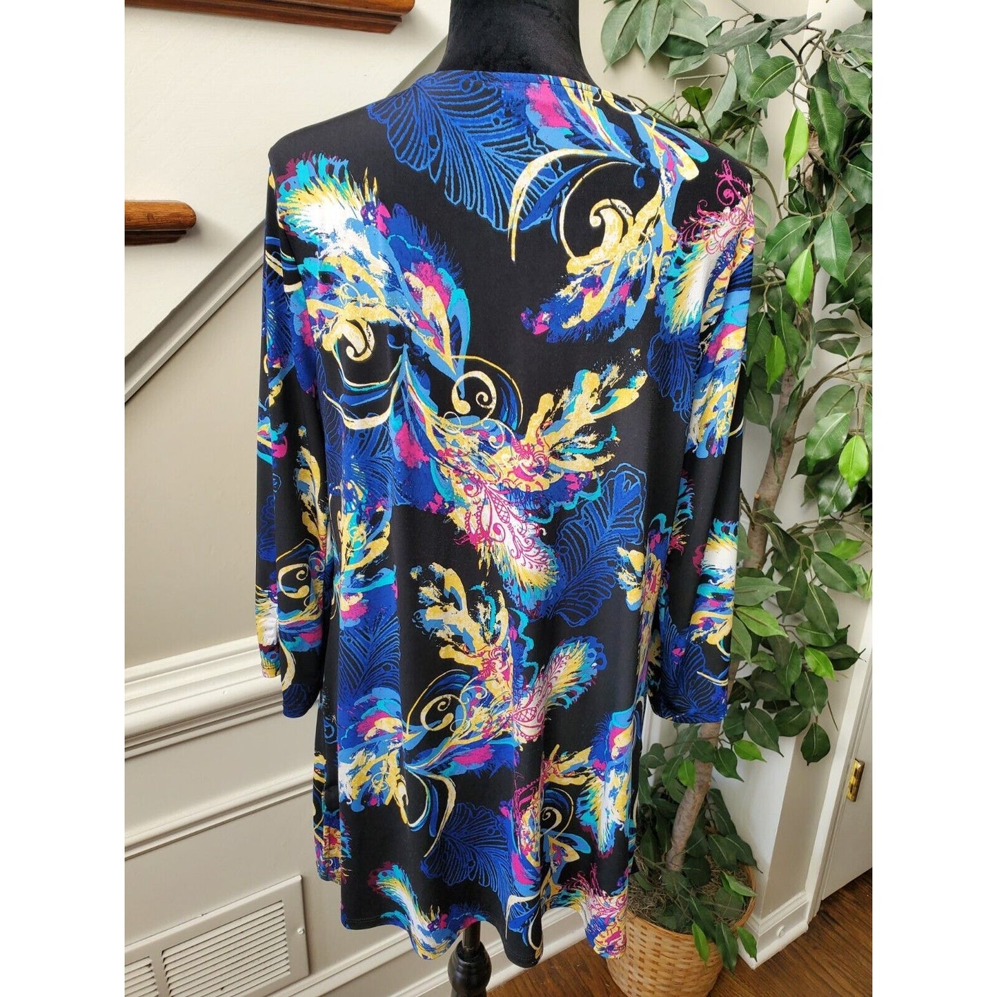 Style & Co. Women's Blue & Black Polyester V-Neck Long Sleeve Top Blouse Size L