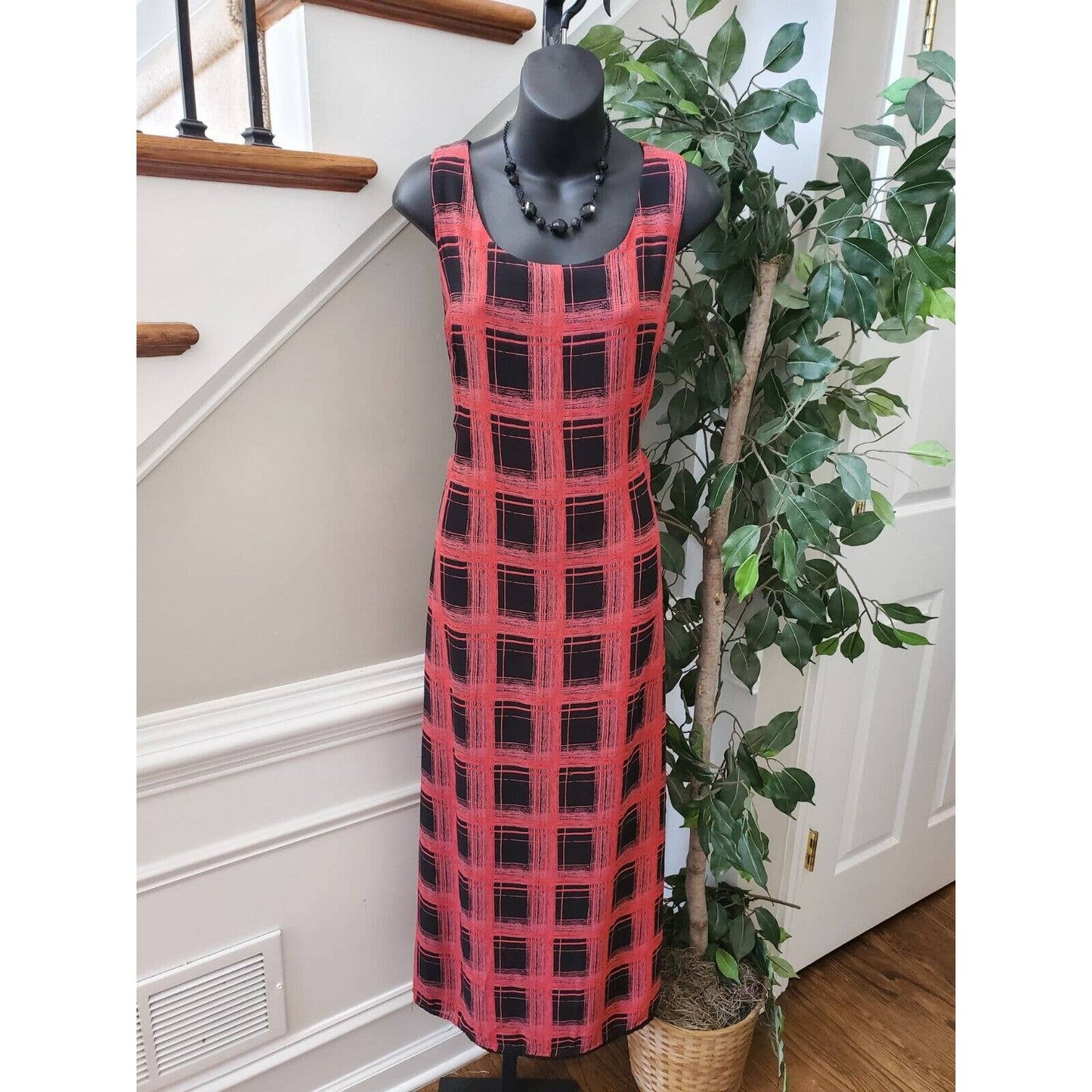 Red & Black Women Polyester Scoop Neck Sleeveless Long Maxi Dress Size Large