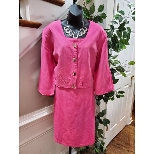Ashley Stewart Women's Pink Ramie Long Sleeve Jacket & Dress 2 Pc's Suit Size 12