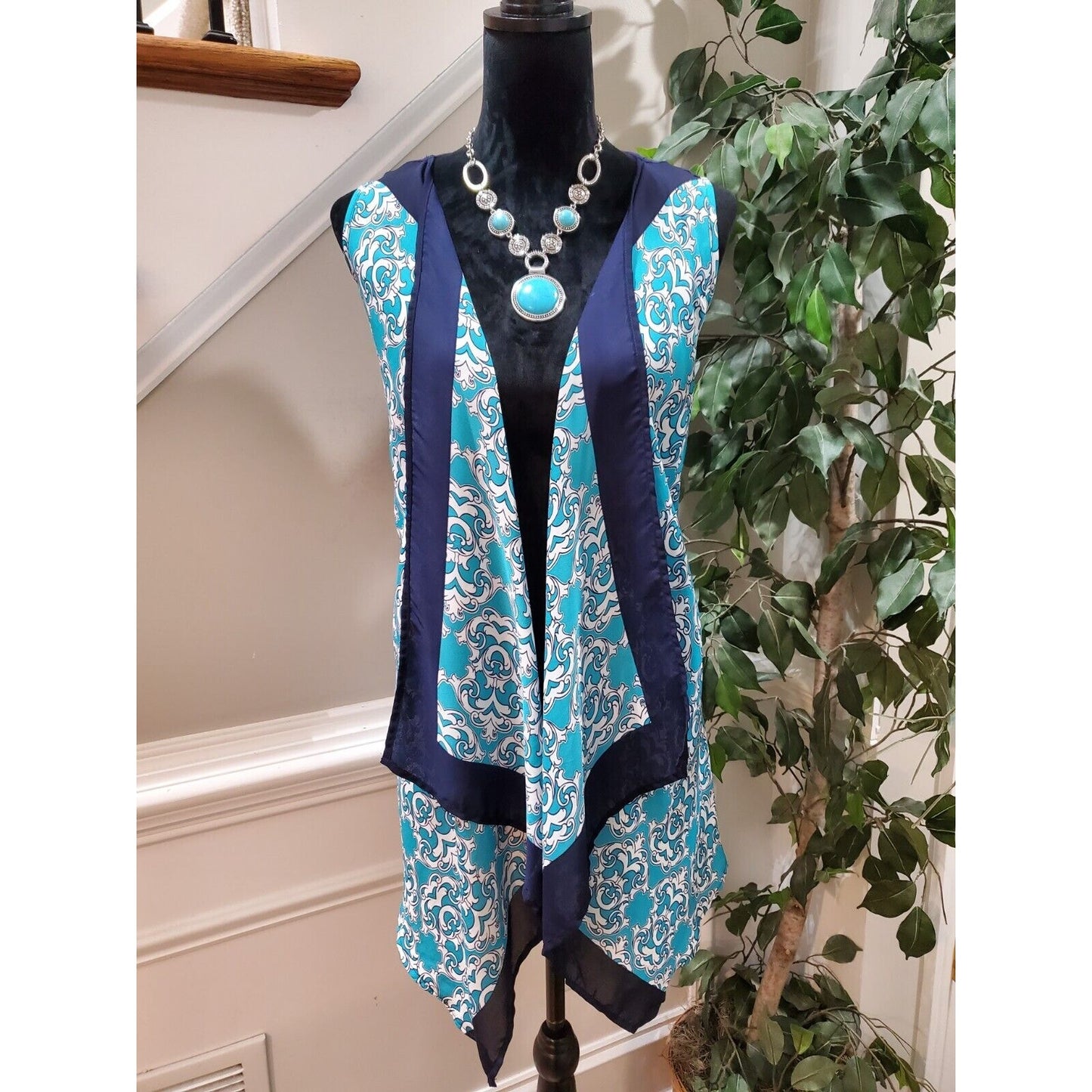 Charming Charlie Blue 100% Polyester Sleeveless Open Front Kimono S