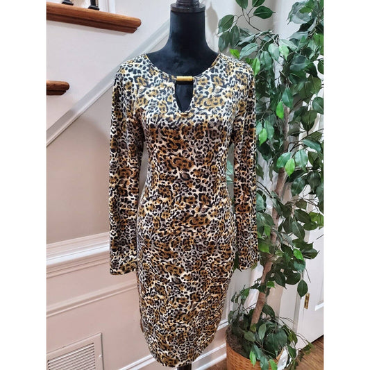 Blush Women's Leopard Print Polyester Round Neck Long Sleeve Knee Length Dress S
