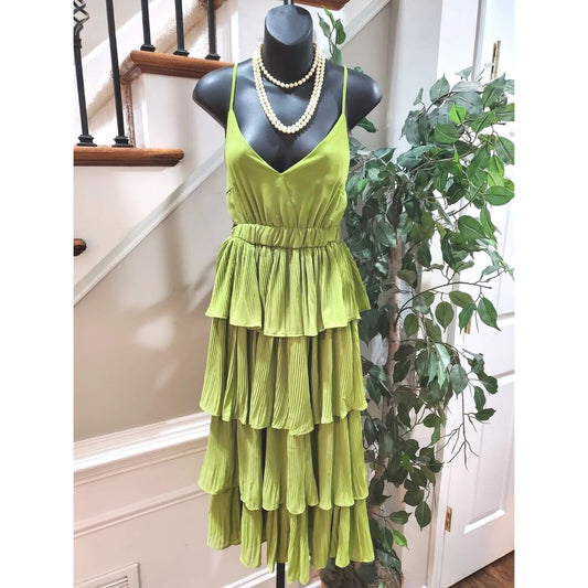 Women Sleeveless Pleated Layered Ruffled Summer Beach V-Neck Long Tiered Dress S
