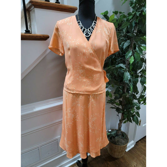 Casual Corner Women's Orange Floral 100% Silk Top & Skirt 2 Piece Suits Size 6