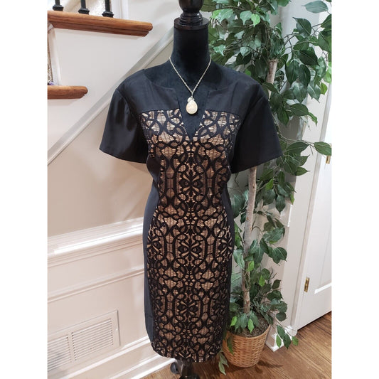 Dressbarn Womens Black Beige Floral Short Sleeve Back Zip Knee Length Dress 22