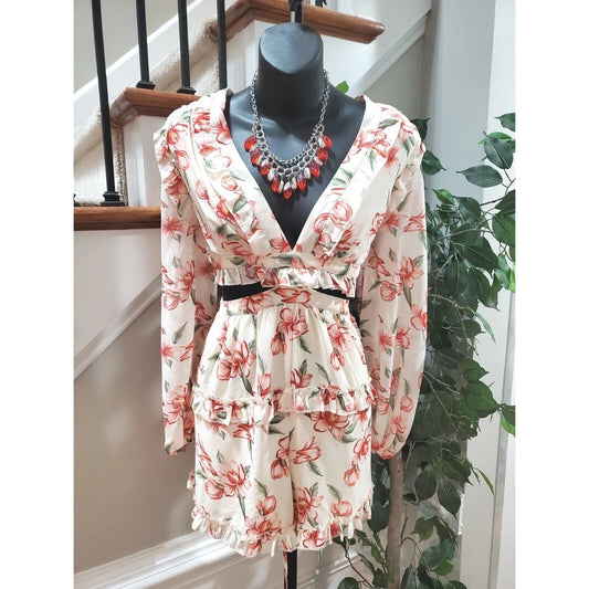 Fashion Nova Womens Cream V Neck Floral Long Sleeve 2 Piece Romper Size Medium