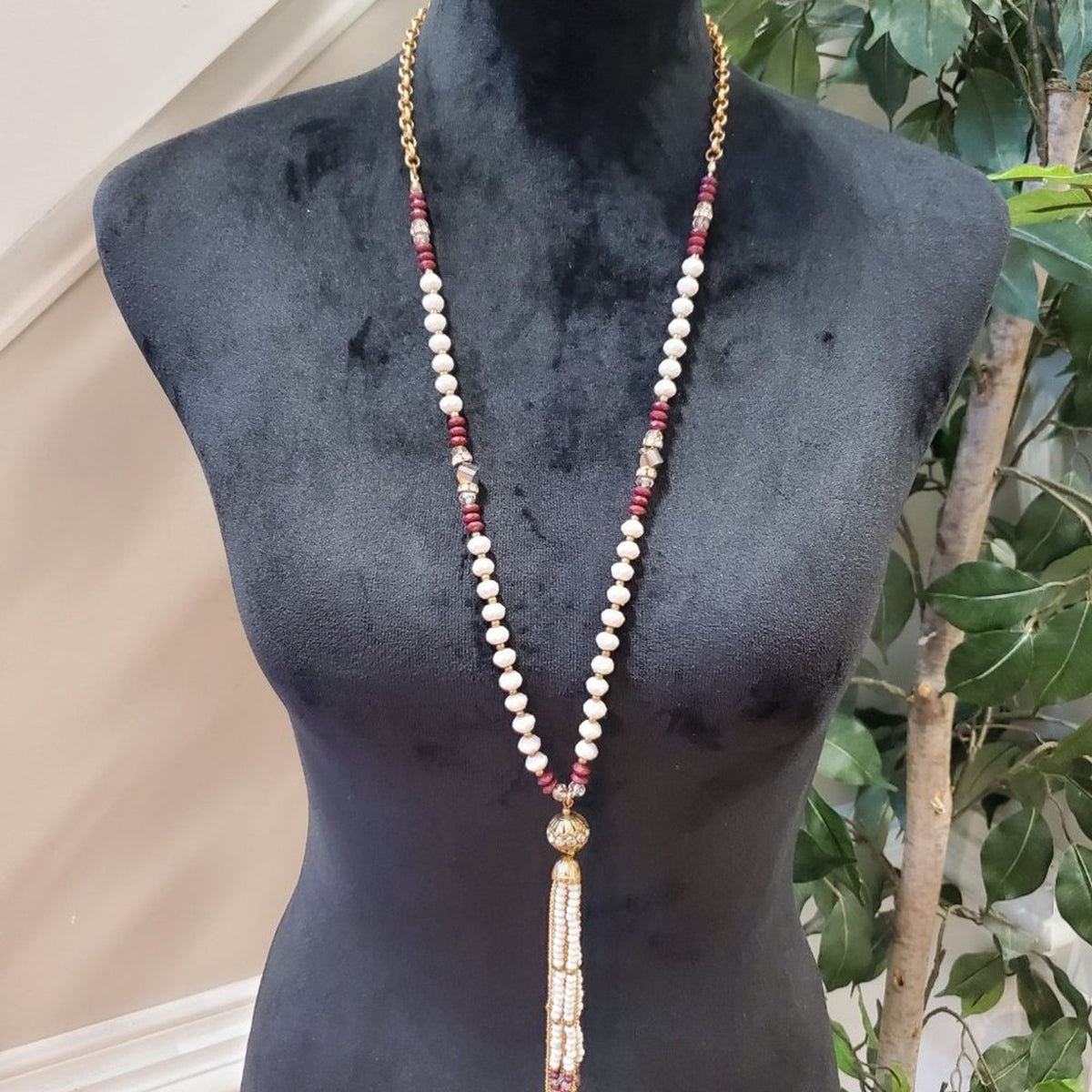 Women's Red & White Long Tassel with Lobster Clasp Pendant Necklace