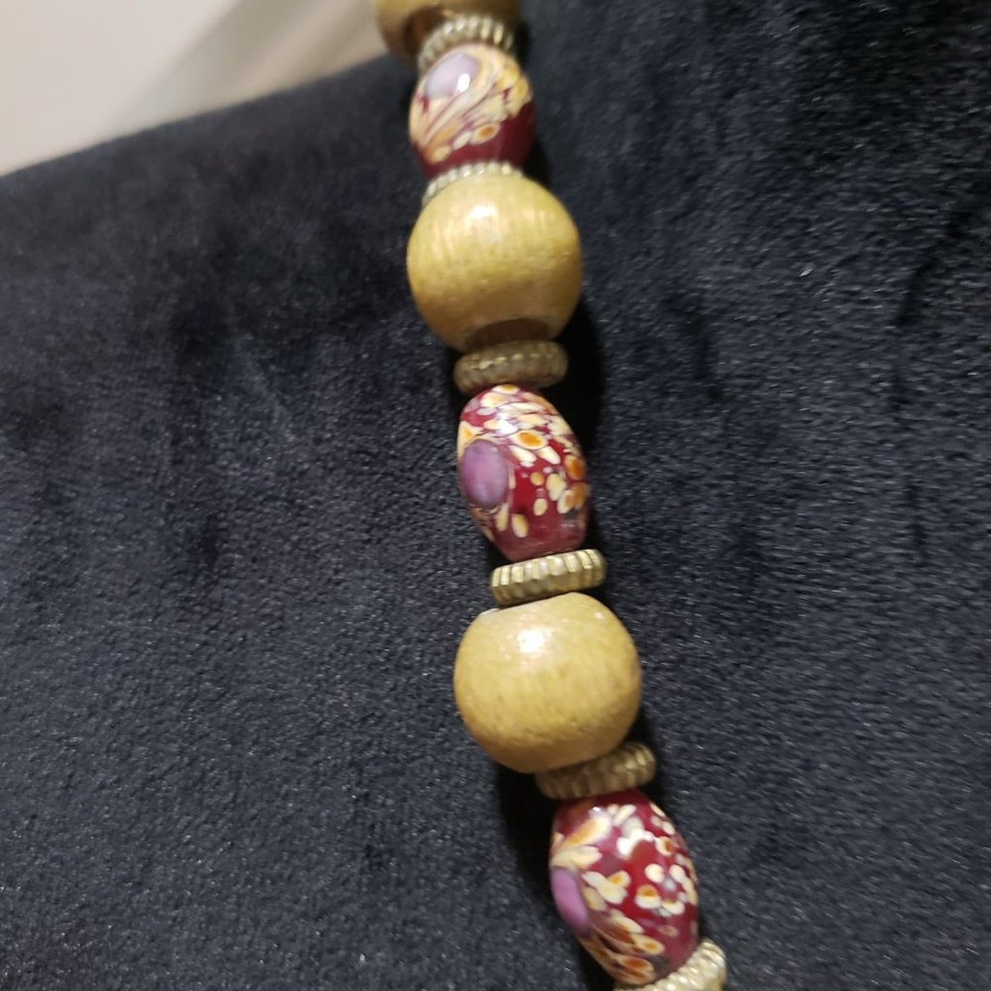 Womens Handcrafted Dark Brown and Red Wood Bead Necklace