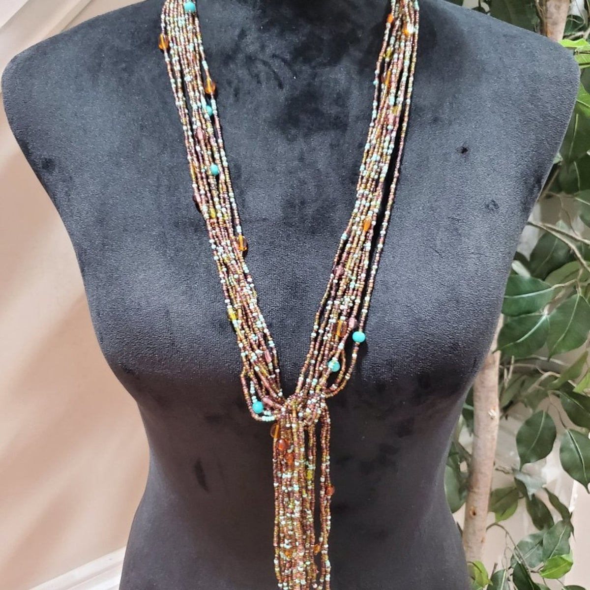 Women's Brown & Blue Multilayer Round Beaded Jewelry Necklace