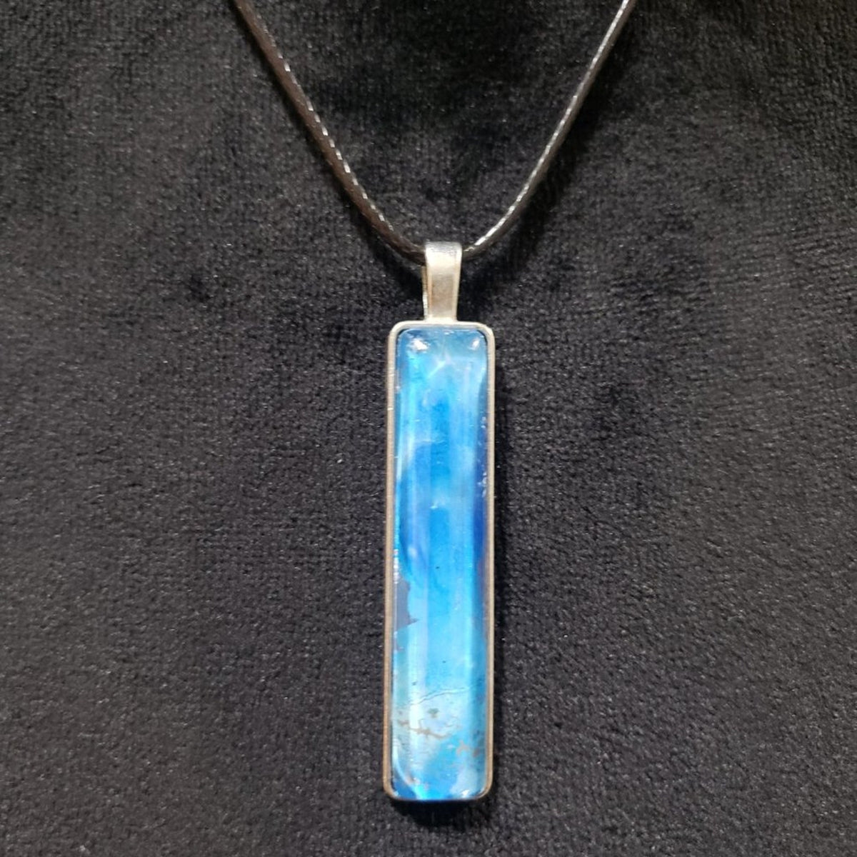 Womens Fashion Silver Bazel Blue Long Rectangle Glass Bar Pendant Necklace