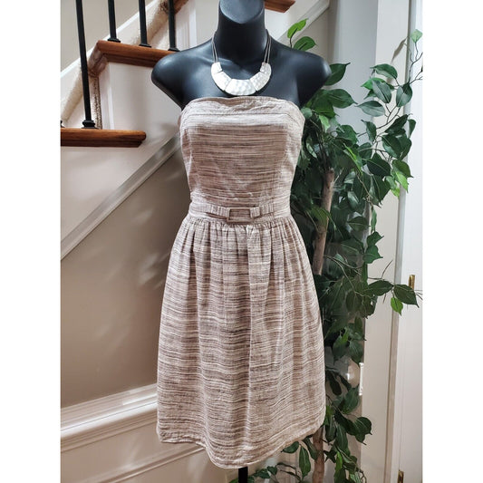 Banana Republic Women's Beige Striped Linen Off The Shoulder Knee Length Dress 2