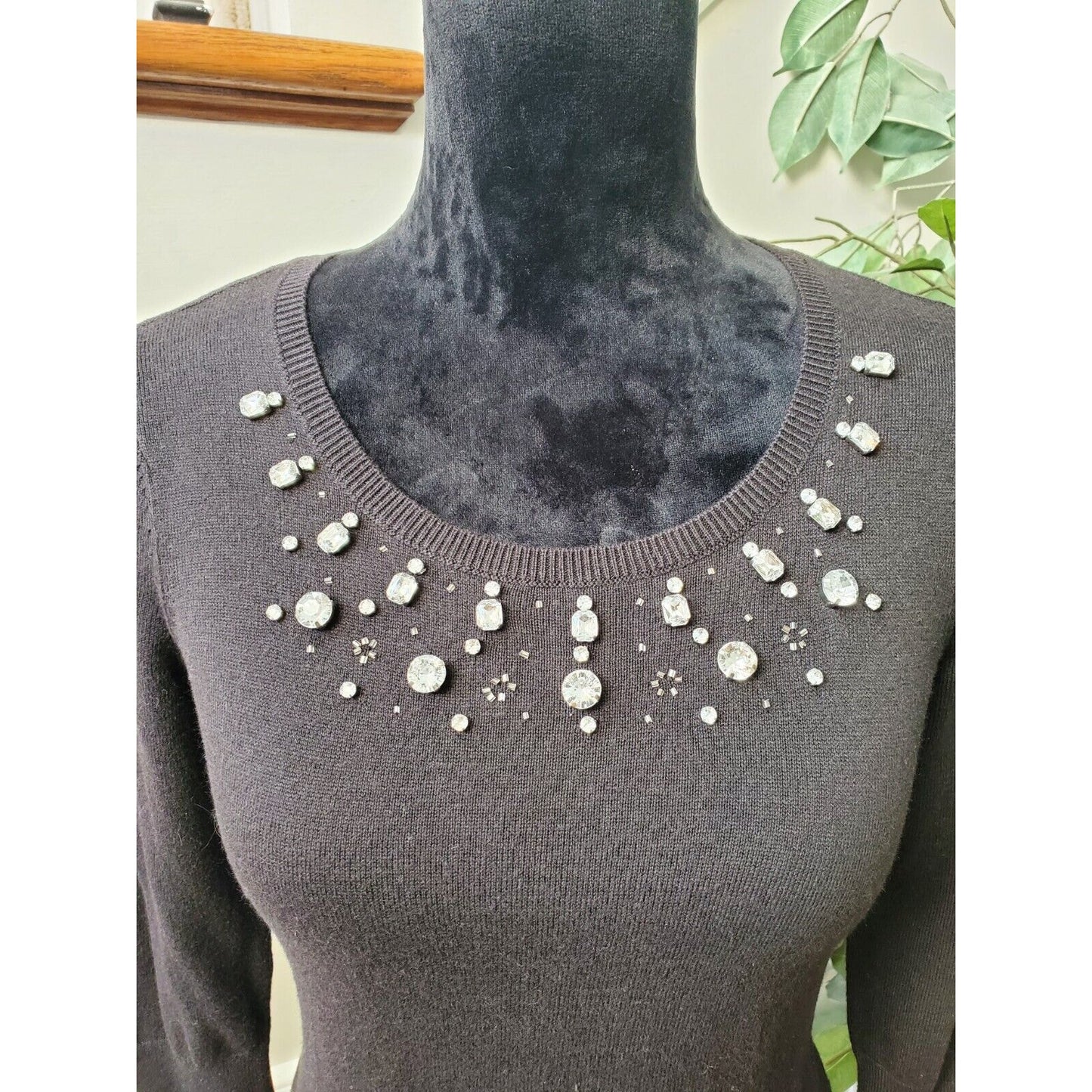 Worthington Black Embellished 3/4 Sleeve Sweater Size PS