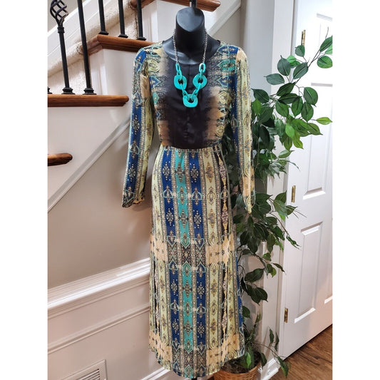 Women's Multicolor Polyester Round Neck Long Sleeve Casual Sheer Maxi Dress XS