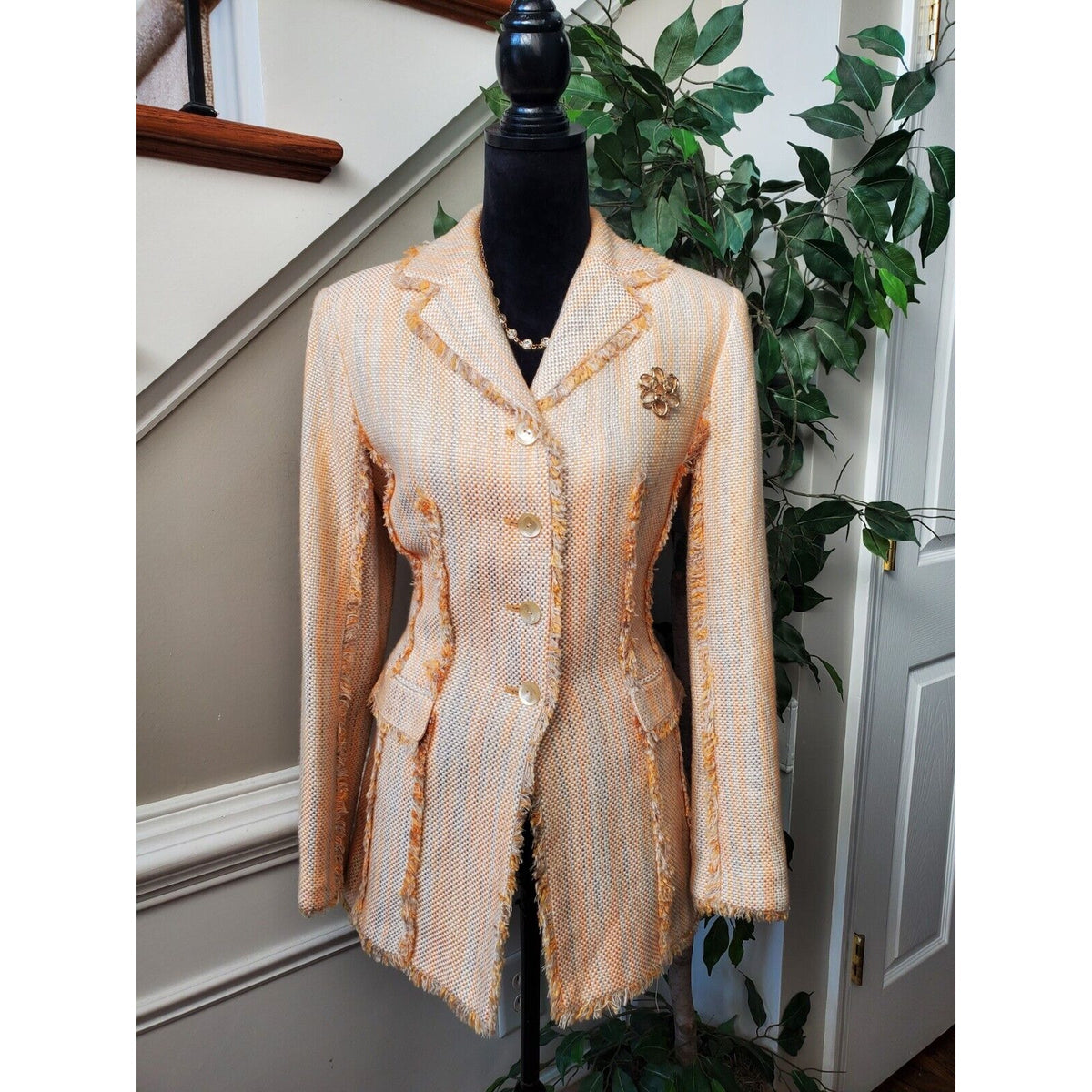 Larry Levine Yellow Long Sleeve Fringe Detailed Single Breasted Coat Size 8