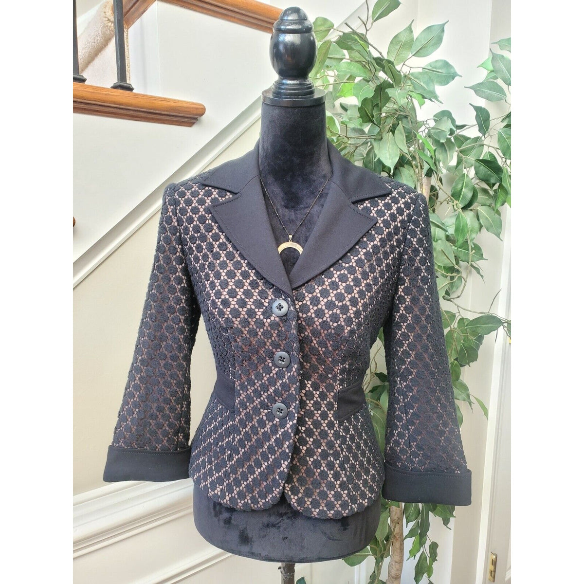 Kay Unger Womens Black Cotton 3/4 Sleeve Crochet Swiss Dot Stretch Blazer Size 6