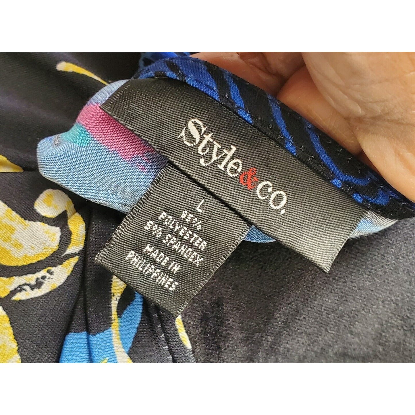 Style & Co. Women's Blue & Black Polyester V-Neck Long Sleeve Top Blouse Size L