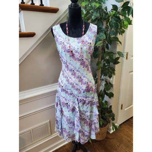 Nina Leonard Womens Multicolor Floral Round Neck Sleeveless Knee Length Dress 12