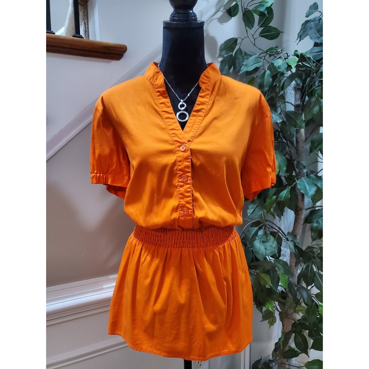 Ashley Stewart Women Orange Cotton V-Neck Short Sleeve Casual Top Blouse Size 14