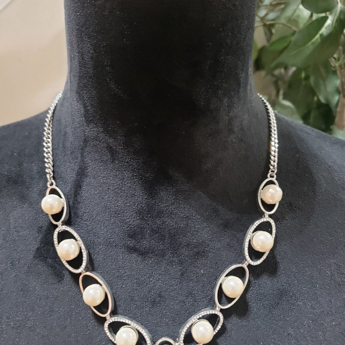Womens Faux Honora Silver Cultured Pearl & Oval Link Necklace  Lobster Clasp