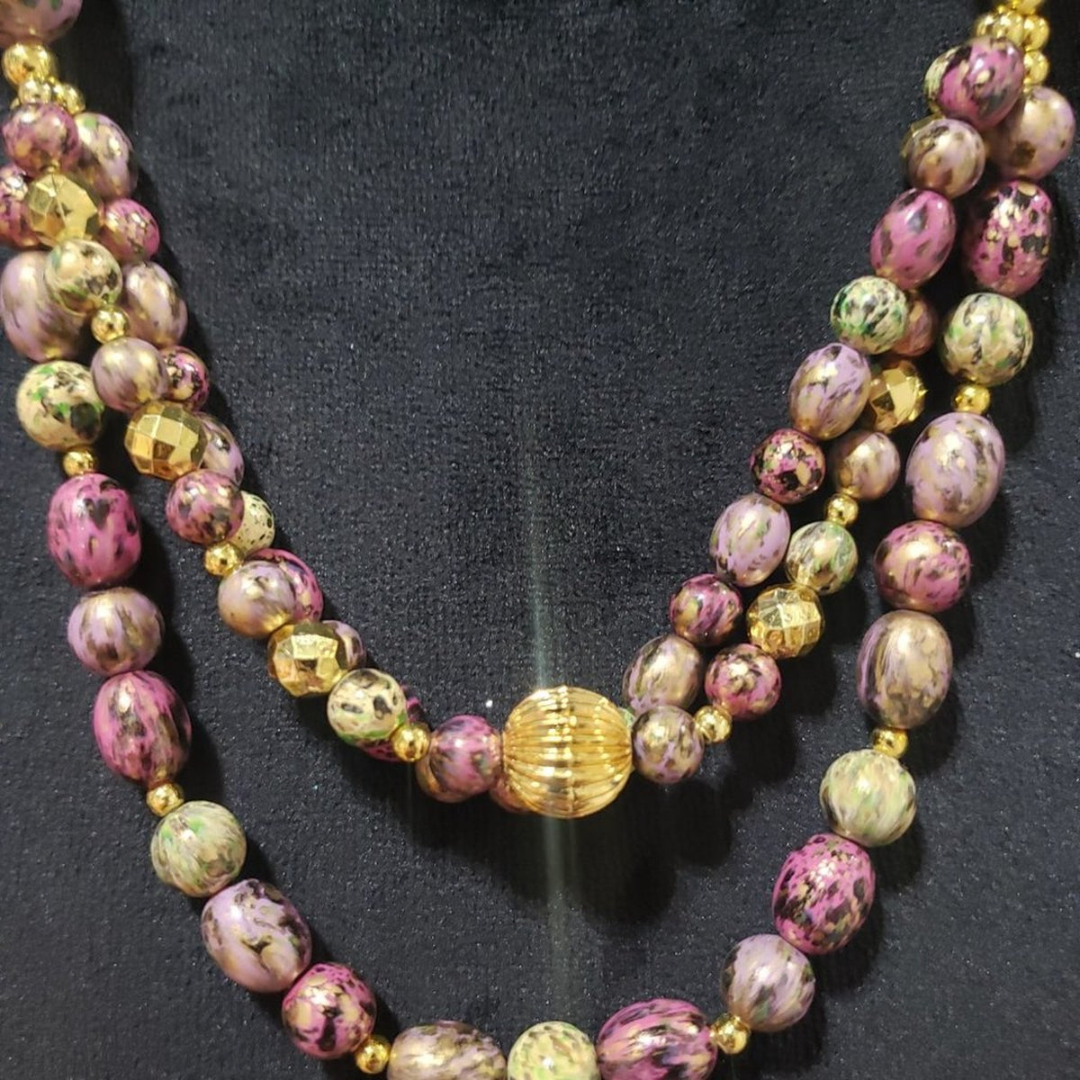 Womens Fashion Triple Strand Pink and Gold Color Stones Chunky Beaded Necklace