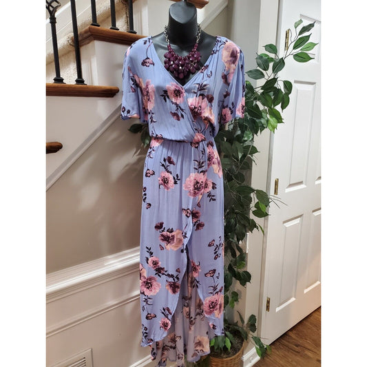 Miami Women Purple Floral 100% Rayon Short Sleeve V Neck Flowy Dress Size XS