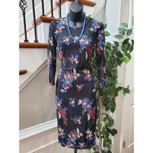 Bisou Bisou Women's Black Floral Round Neck Long Sleeve Knee Length Dress Size 4