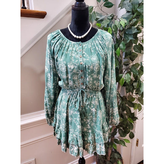 Skylar + Madison Women's Green Floral Rayon Round Neck Long Sleeve Knee Length M