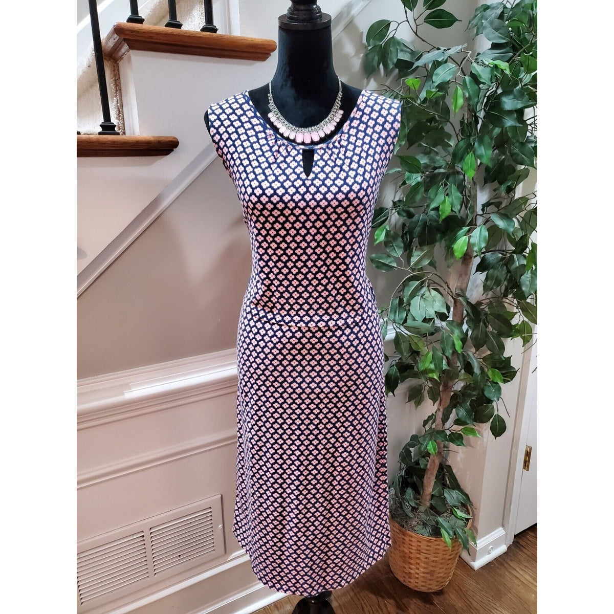 Blue Floral Polyester Round Neck Sleeveless Casual Knee Length Dress Medium