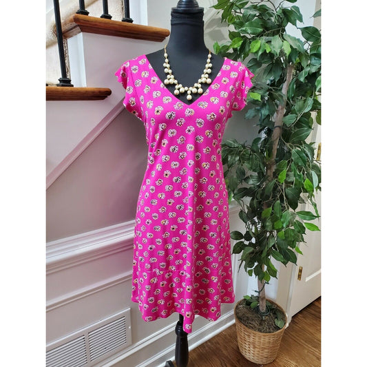 Loft Women's Pink Floral Rayon Short Sleeve V-Neck Knee Length Dress Size Small