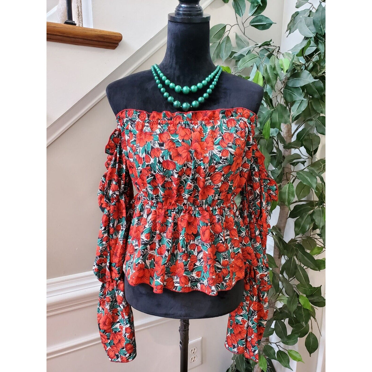 SHEIN Women Red Floral 100% Polyester Off The Shoulder Long Sleeve Top Blouse L