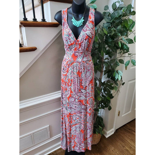 Loveappella Women Floral Rayon V-Neck Sleeveless Casual Long Maxi Dress Size LP