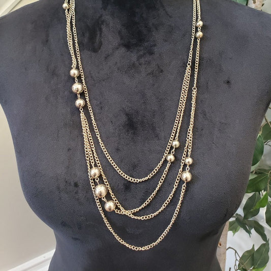Women's Fashion Multi Strand Gold Tone Ball Chain Long Necklace with Lobster