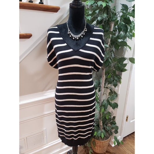 Calvin Klein Jeans Womens Black White Striped Cotton V Neck Knee Length Dress M