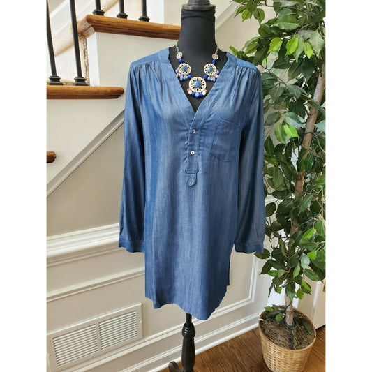 Honey Punch Women's Blue 100%Tencel V-Neck Long Sleeve Knee Length Shirt Dress M