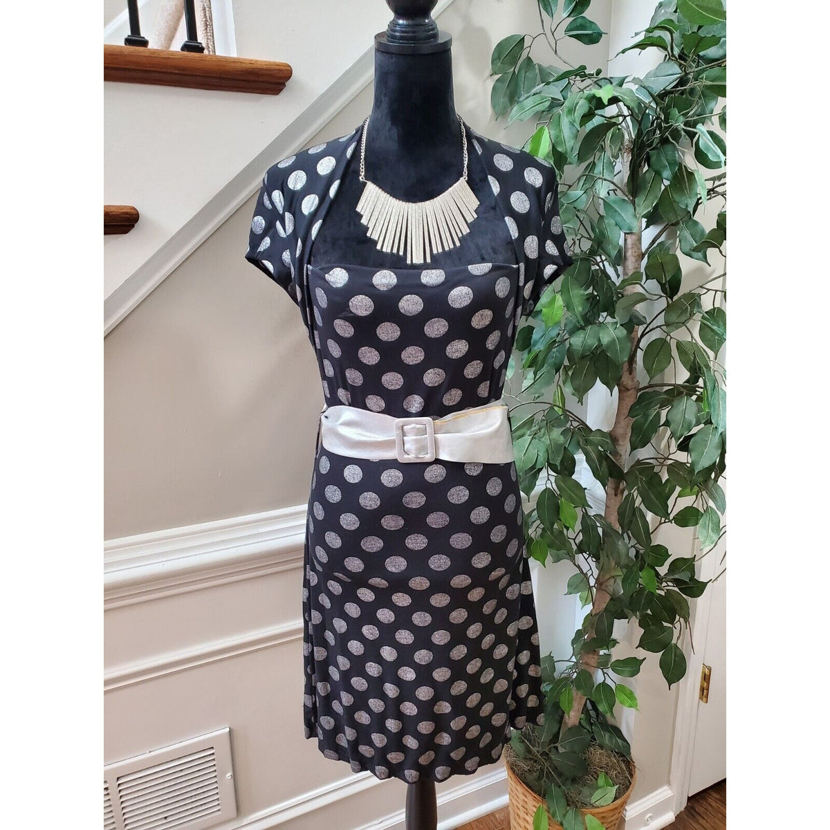 Voice Women Black Polyester Square Neck Short Sleeve Casual Knee Length Dress S
